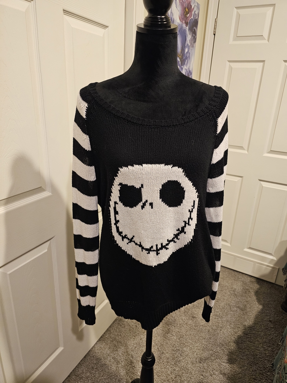 Torrid Disney Black & White Striped Off-the-Shoulder Skull Sweater